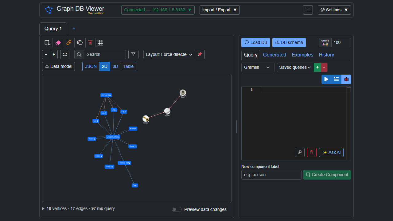The full app showing a loaded graph in the interactive 2D view