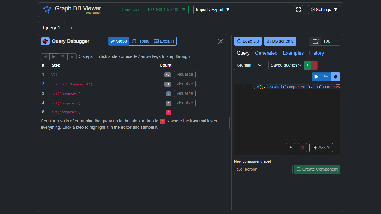 The full app showing the step-through traversal debugger