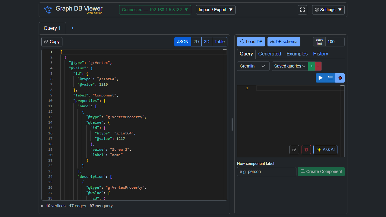 The full app showing the raw JSON results