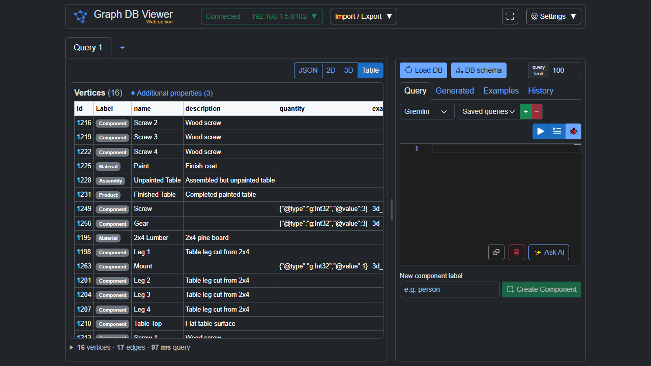 The full app showing the results as a vertices and edges table