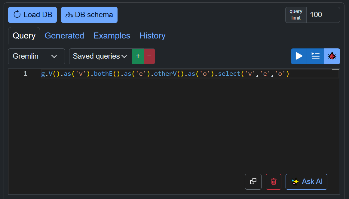 The self-hosted Monaco query editor showing a syntax-highlighted Gremlin query