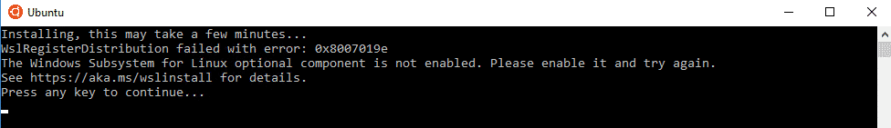 ubuntu wslregisterdistribution failed with error: 0x8007019e