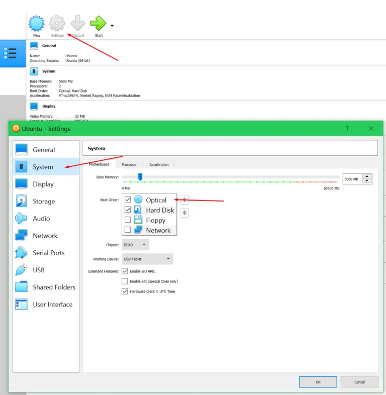 virtual box vm boot settings