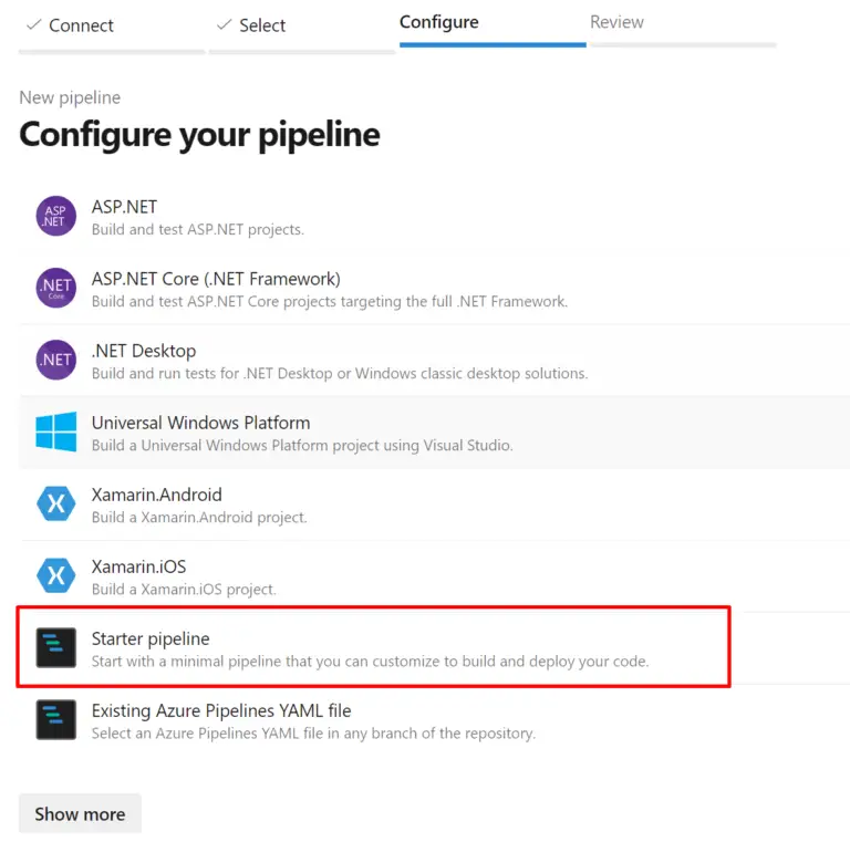 azure dev ops blazor deploy select starter pipeline