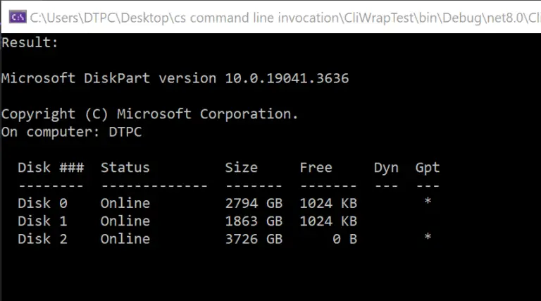 cliwrap diskpart resulting output