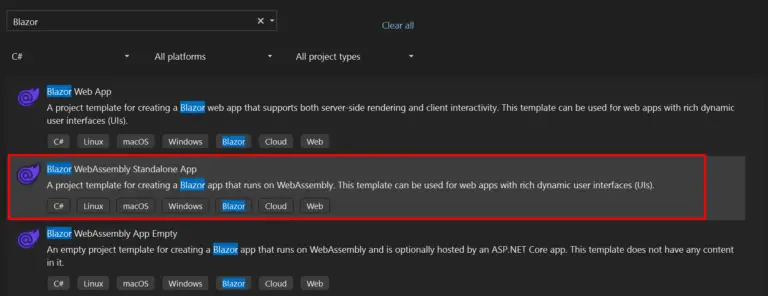 select blazor webassembly app project