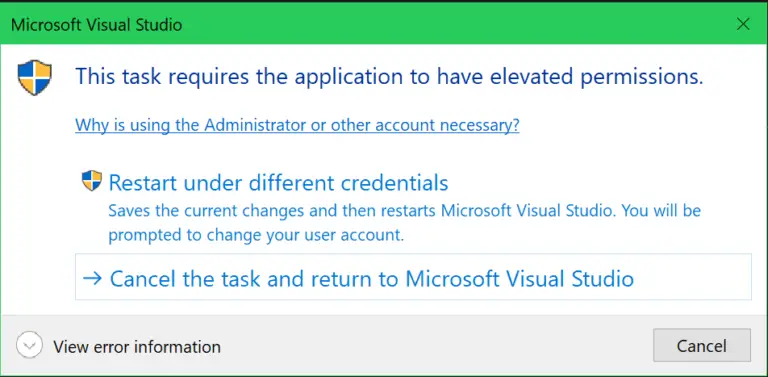 visual studio run as admin prompt