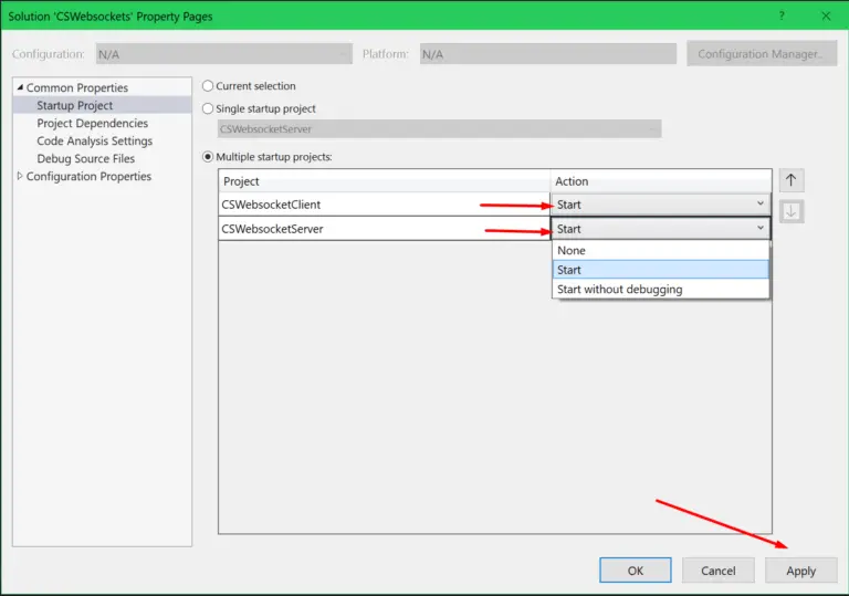 visual studio start two projects settings