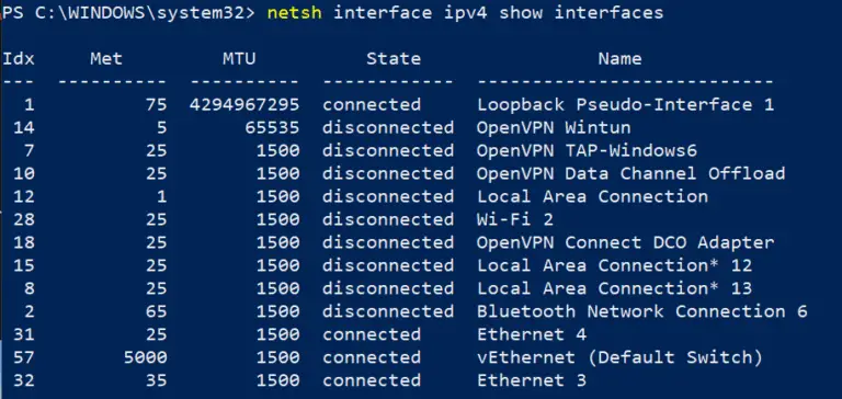ps list network interfaces