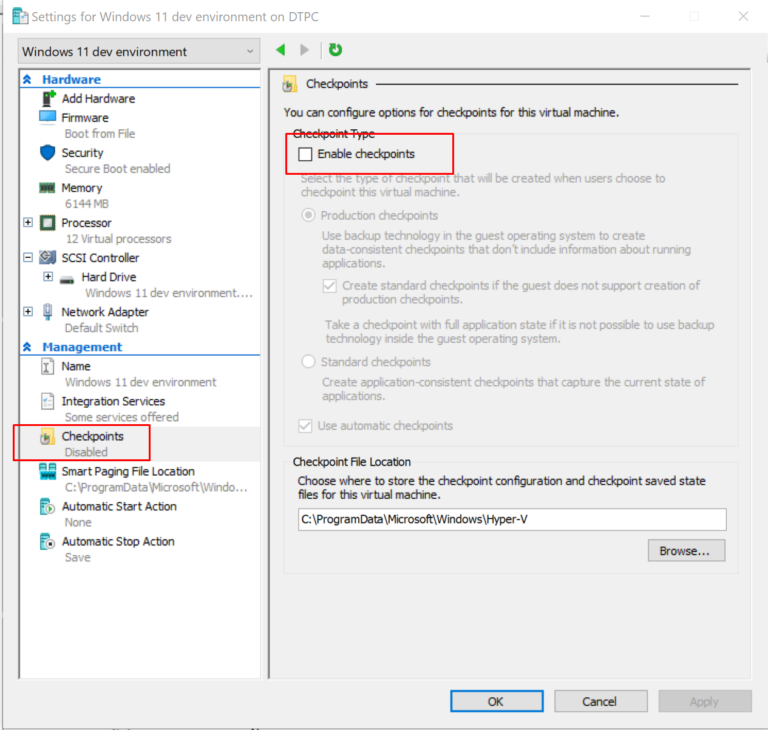 hyper v VM settings checkpoints