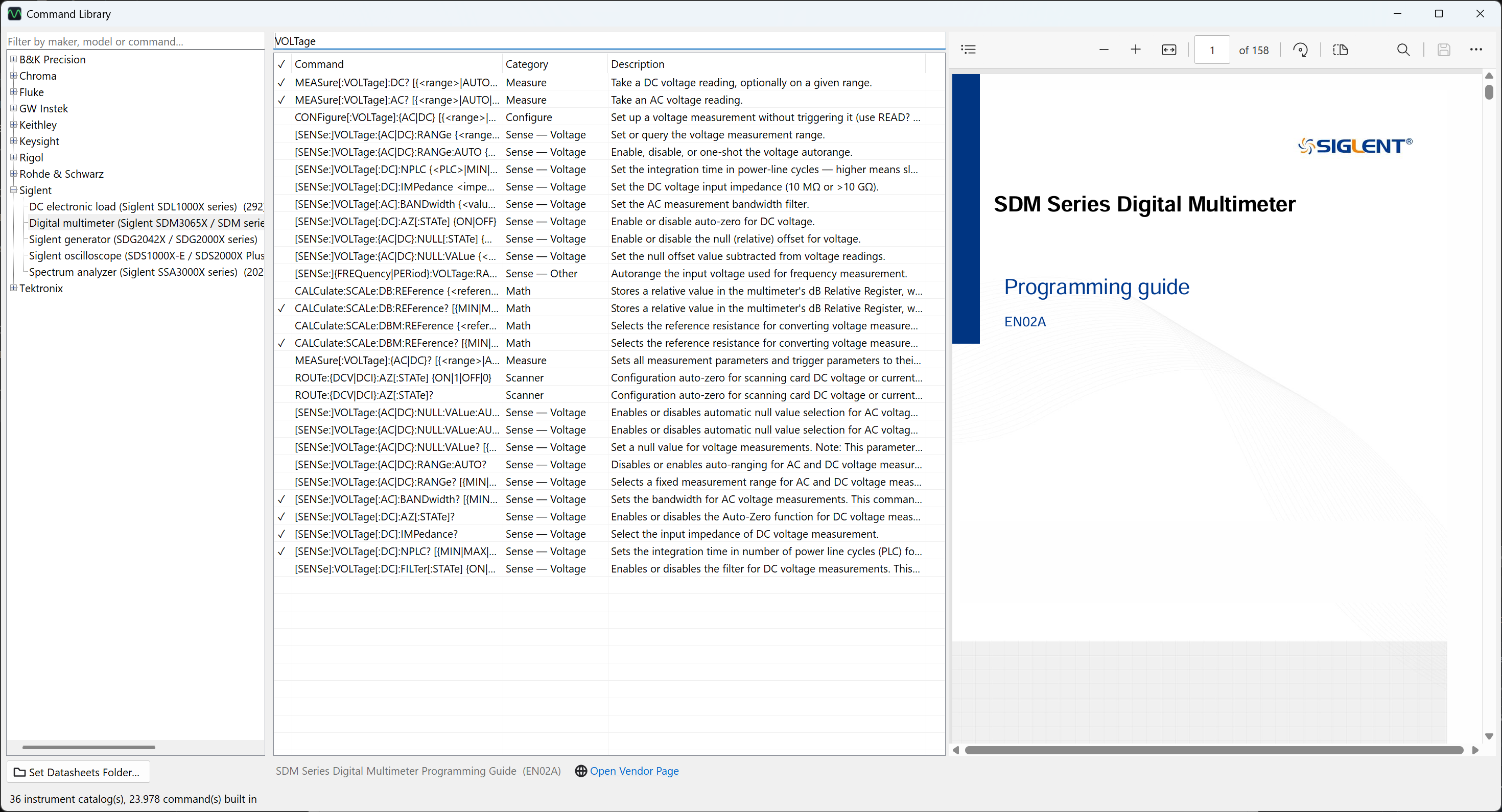 The Command Library: manufacturer tree, filtered commands, and the vendor guide beside them