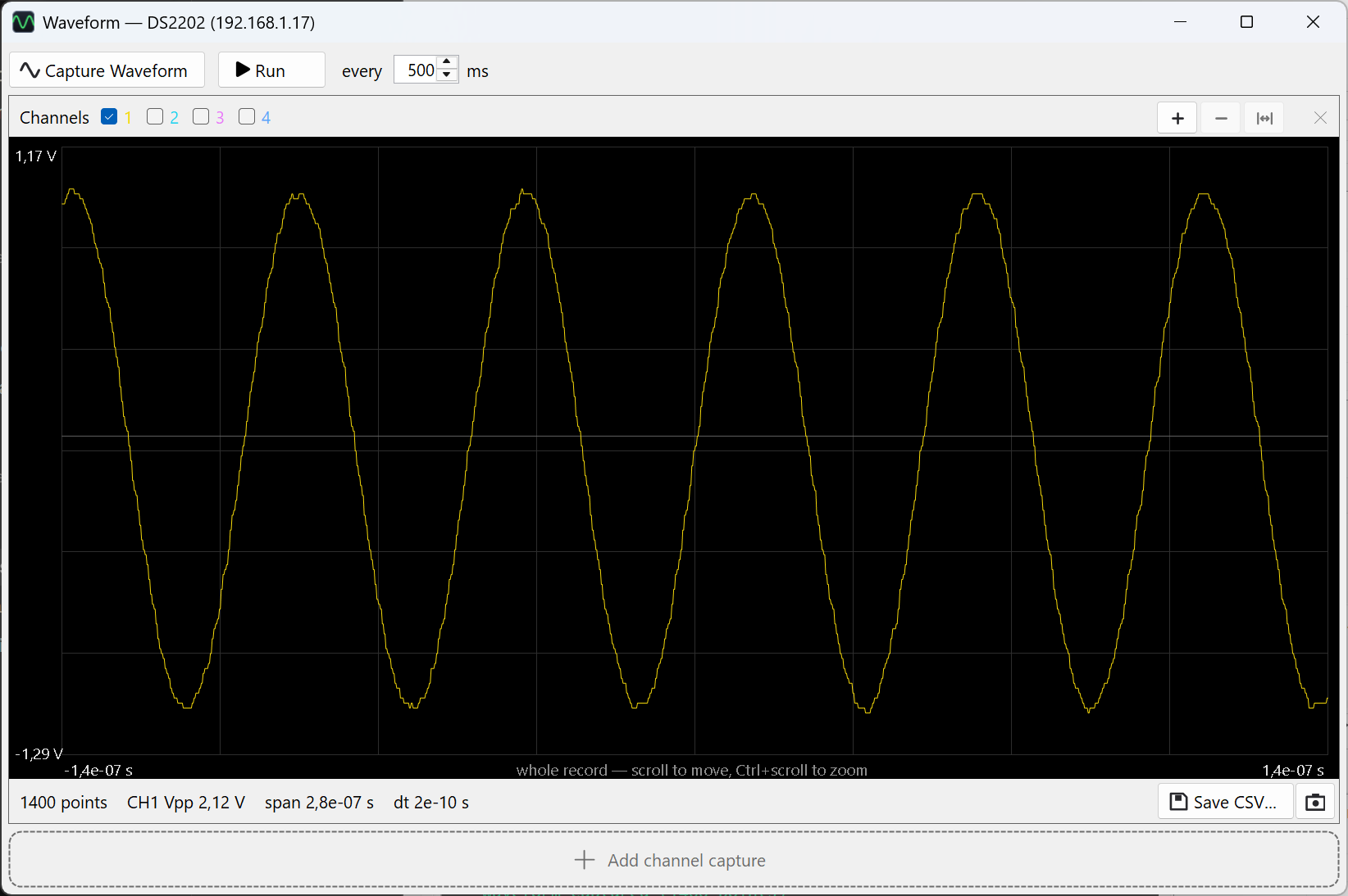 The waveform viewer: a 20 MHz sine captured from channel 1, with its channel chips, zoom controls and measurements