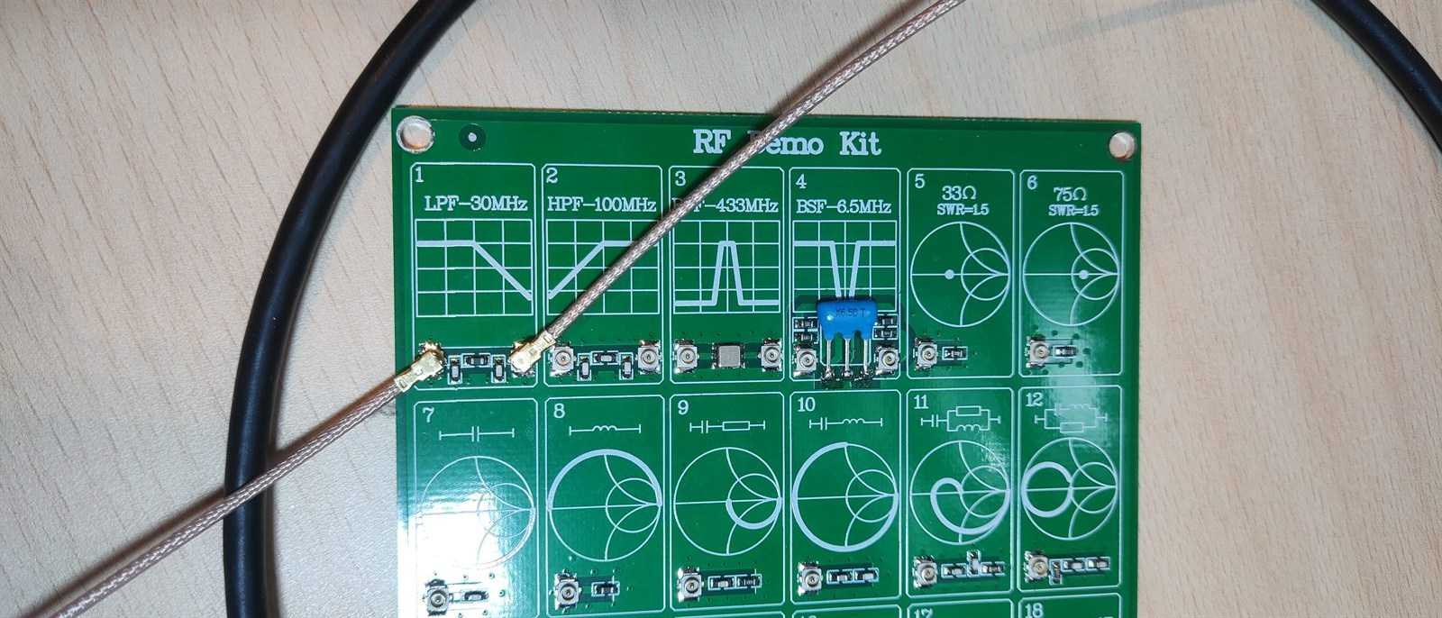 The RF demo board, with the coax on the low-pass filter section