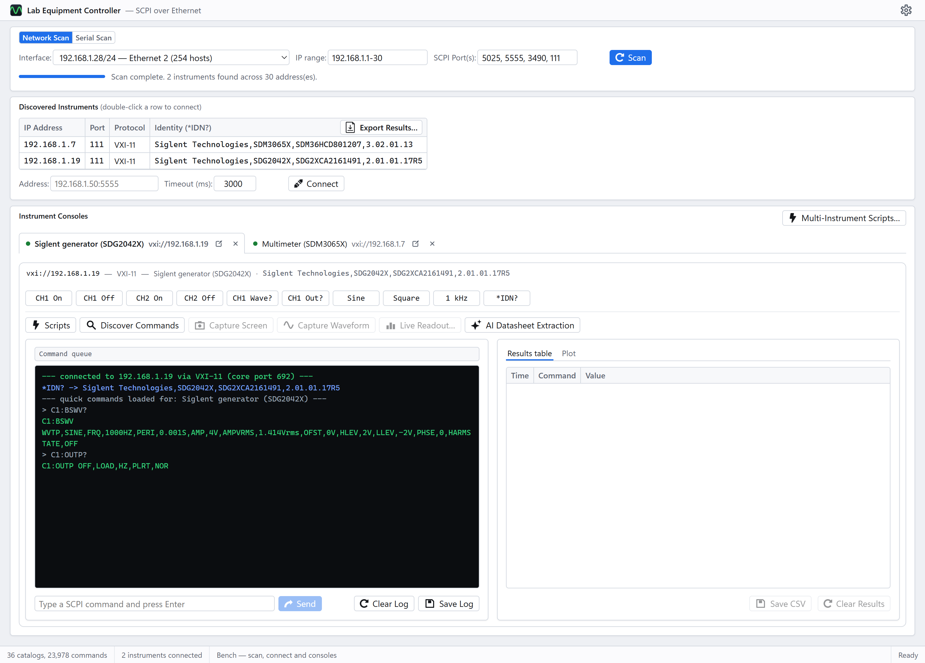 The web version: the same scan panel, discovered instruments and console tabs, in a browser