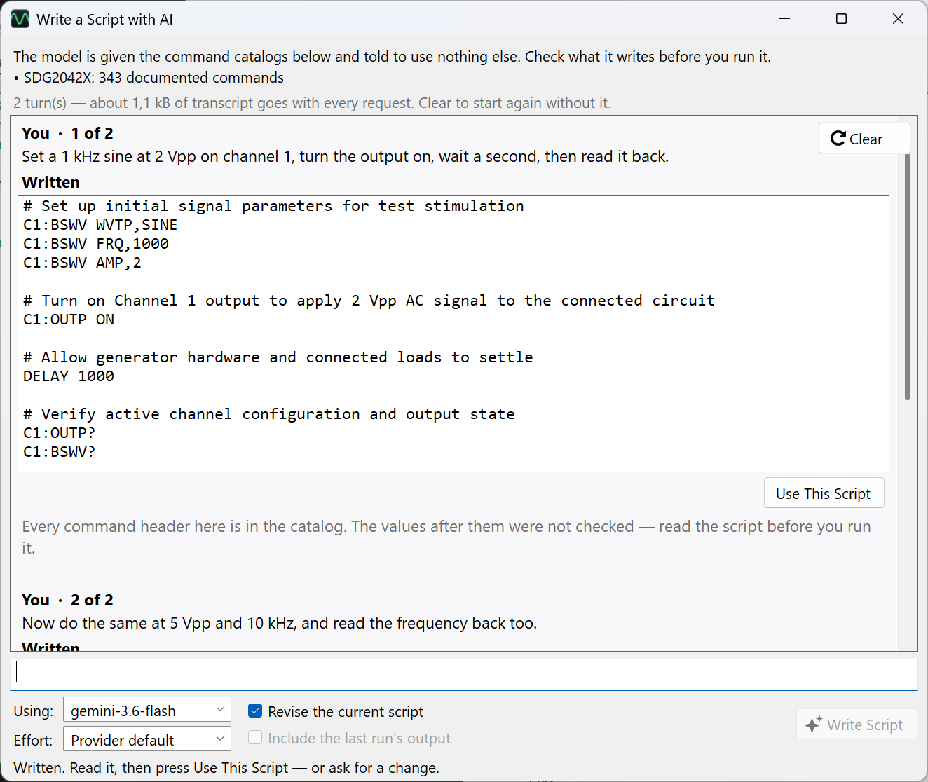 Write a Script with AI: the request, the script that came back, its catalog check, and a follow-up asking for a change